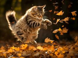 speels kat batting Bij vallend herfst bladeren in een zonovergoten tuin ai generatief foto