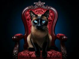 vorstelijk Siamees kat gesteld Aan een luxueus stoel ai generatief foto
