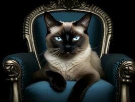 vorstelijk Siamees kat gesteld Aan een luxueus stoel ai generatief foto