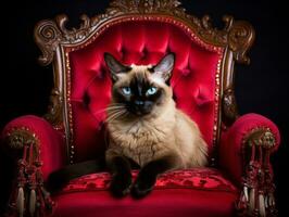 vorstelijk Siamees kat gesteld Aan een luxueus fluweel stoel ai generatief foto