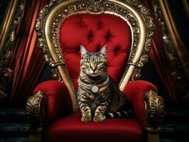 vorstelijk kat gesteld Aan een luxueus stoel ai generatief foto