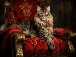 vorstelijk kat gesteld Aan een luxueus stoel ai generatief foto