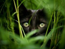 heimelijk kat stalken door hoog gras met haar ogen gemaakt Aan prooi ai generatief foto