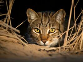 heimelijk kat stalken door hoog gras met haar ogen gemaakt Aan prooi ai generatief foto