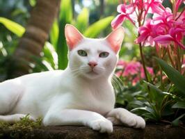 kat met een sereen en meditatief kijken ingelijst door een rustig tuin backdrop ai generatief foto