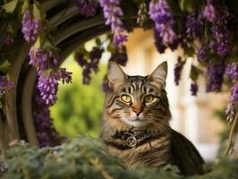 kat met een sereen en meditatief kijken ingelijst door een rustig tuin backdrop ai generatief foto