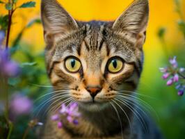 kat met een sereen en meditatief kijken ingelijst door een rustig tuin backdrop ai generatief foto