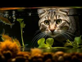 nieuwsgierig kat peering in een Open vis tank met fascinatie ai generatief foto