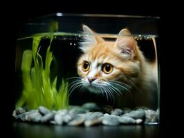 nieuwsgierig kat peering in een Open vis tank met fascinatie ai generatief foto