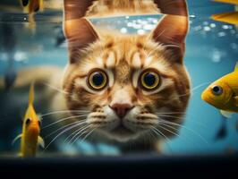 nieuwsgierig kat peering in een Open vis tank met fascinatie ai generatief foto