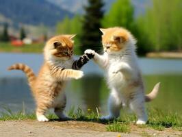 paar- van speels kittens verloofd in een vriendelijk het worstelen bij elkaar passen ai generatief foto