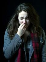 vrouw is getoond lijden van verkoudheid met vloeibaar neus- Aan grijs achtergrond ai generatief foto