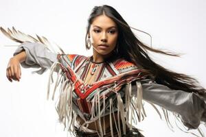 apache stam vrouw. mooi jong inheems Amerikaans vrouw in traditioneel kleding van inheems stammen dansen een etnisch dans tegen een wit achtergrond. detailopname. ai gegenereerd foto
