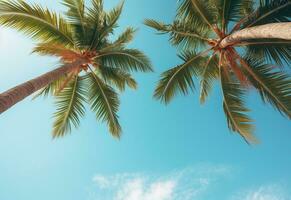ai gegenereerd blauw lucht en palm bomen visie van onderstaand, wijnoogst stijl, tropisch strand en zomer achtergrond, reizen concept realistisch beeld foto