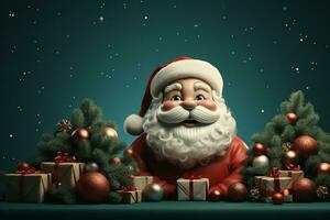 ai generatief Kerstmis banier met kopiëren ruimte voor tekst, de kerstman claus vieren met geschenkdozen, Spar boom takken en rood ornamenten, donker kleur achtergrond foto