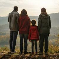 familie van vier staand Aan een heuveltop - ai gegenereerd foto