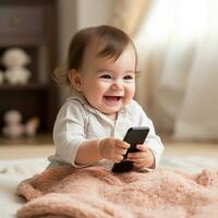 baby spelen met telefoon - ai gegenereerd foto