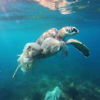 schildpad aan het eten plastic in Hawaii - ai gegenereerd foto