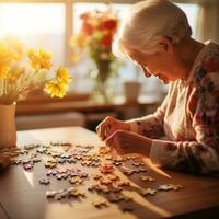 ouderen vrouw oplossen puzzel - ai gegenereerd foto