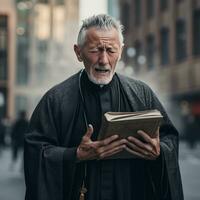 monnik met Bijbel Aan stad straat - ai gegenereerd foto