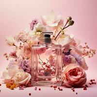 bloemen omgeving parfum fles - ai gegenereerd foto