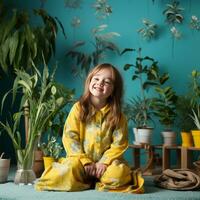 jong meisje met naar beneden syndroom in groen gevuld kamer - ai gegenereerd foto