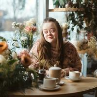 blij meisje met naar beneden syndroom - ai gegenereerd foto