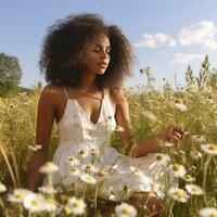 Afrikaanse Amerikaans meisje plukken bloemen - ai gegenereerd foto
