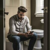 Mens gebruik makend van telefoon Aan toilet - ai gegenereerd foto