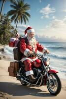 Kerstmis grafiek de kerstman claus Aan een motorfiets Aan een tropisch strand foto