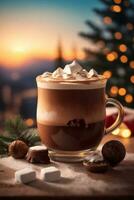 heet koffie met geslagen room Aan een bokeh achtergrond met Kerstmis decoraties foto