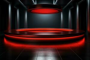 ai gegenereerd foto rood licht ronde podium en zwart achtergrond voor bespotten omhoog realistisch beeld