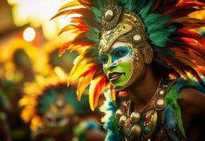 ai generatief een levendig verzameling van afbeeldingen vastleggen de energie en opwinding van Brazilië carnaval en samba cultuur van kleurrijk kostuums en maskers foto