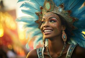 ai generatief een levendig verzameling van afbeeldingen vastleggen de energie en opwinding van Brazilië carnaval en samba cultuur van kleurrijk kostuums en maskers foto