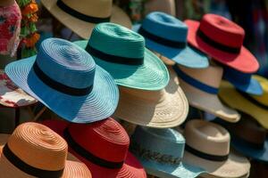 hoeden zomer markt uitverkoop rietje. genereren ai foto