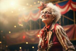 ervaren circus tent arena performer oud vrouw. genereren ai foto