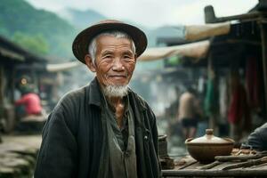 hardwerkend Chinese dorp oud persoon. genereren ai foto
