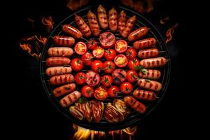 gegrild worstjes met tomaten en specerijen Aan een barbecue rooster ai gegenereerd foto