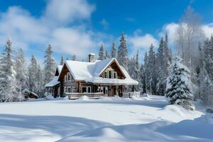 een knus cabine genesteld in een winter wonderland Woud. ai gegenereerd foto