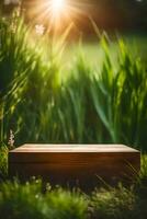 een rustiek houten podium omringd door grassen in de buitenshuis natuur landschap foto achtergrond ai generatief