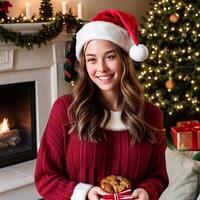 vrolijk vrouw in leven kamer glimlachen met de kerstman hoed en geschenk ai generatief. foto