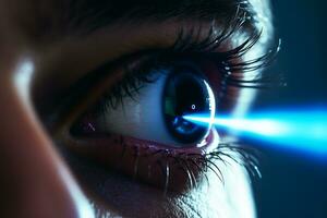 laser visie correctie. vrouw oog. menselijk oog. vrouw oog met laser correctie. gezichtsvermogen concept. ai generatief foto