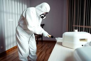 ai generatief. een ontsmettingsmiddel in een beschermend pak sprays meubilair naar krijgen ontdoen van bed bugs foto