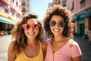 twee brunette Latijns Amerika meisjes in helder kleren en zonnebril zijn wandelen naar beneden de straat in zonnig het weer. meisjes kijken Bij de camera en glimlach. ai generatief foto