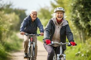 ai generatief. een ouderen paar met een glimlach Aan hun gezicht ritten een fiets langs een pittoreske pad. horizontaal foto