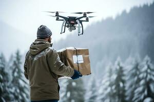 ai generatief. dar levering van lading door een winter Woud in sneeuwval foto