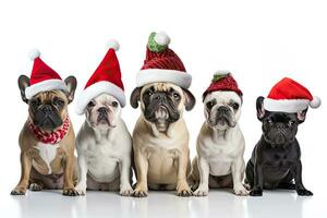 groep van vijf rasecht Frans bulldog vervelend de kerstman claus hoeden zittend Aan wit achtergrond, groep van honden vervelend Kerstmis hoeden, geïsoleerd Aan wit achtergrond, ai gegenereerd foto