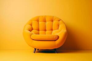 oranje stoel van een bolvormig vorm Aan een oranje achtergrond, 3d. ai generatief foto