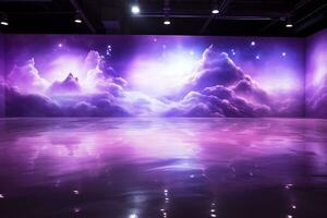 ai generatief. Aan stadium of tentoonstelling hal decoratie met Purper wolken. horizontaal foto