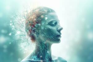 conceptuele beeld van een vrouw gezicht met gloeiend brein. 3d weergave, gezondheidszorg en geneeskunde concept. dubbele blootstelling, ai gegenereerd foto